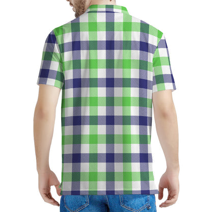 White Navy And Green Plaid Print Men's Polo Shirt