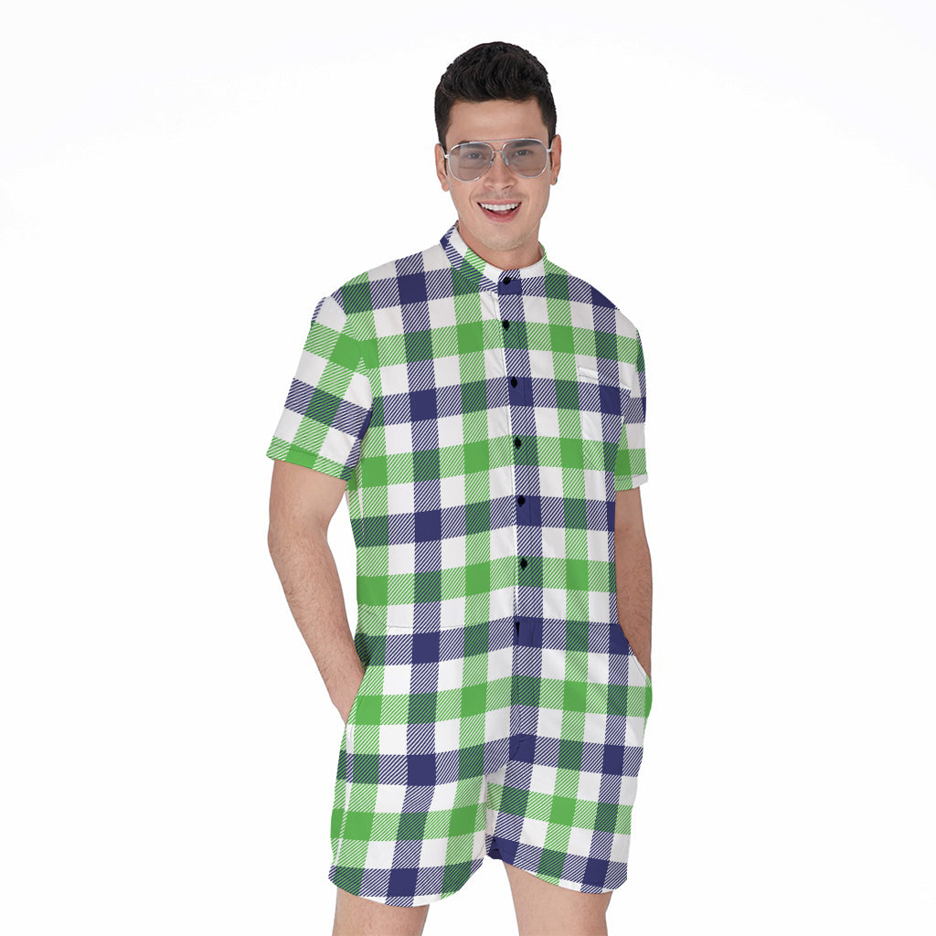 White Navy And Green Plaid Print Men's Rompers