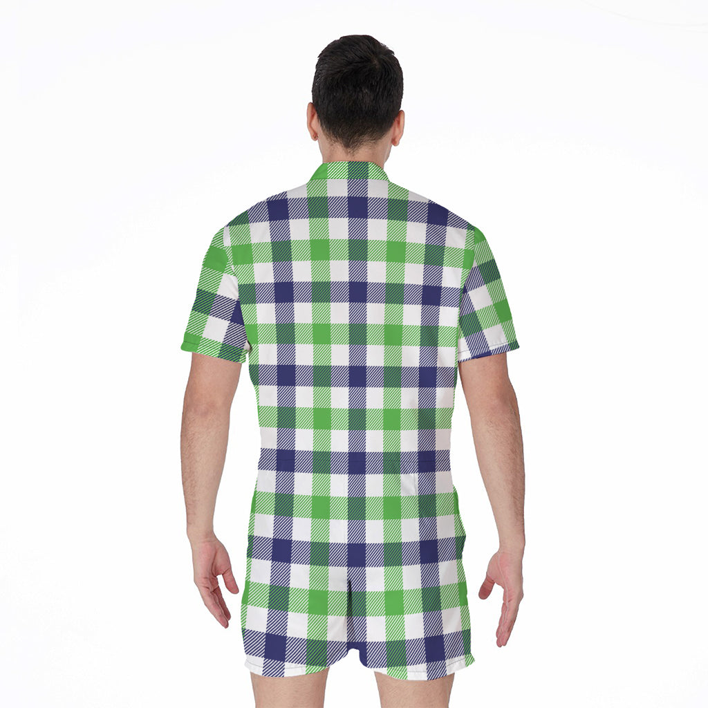 White Navy And Green Plaid Print Men's Rompers