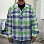 White Navy And Green Plaid Print Men's Shirt Jacket