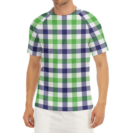 White Navy And Green Plaid Print Men's Short Sleeve Rash Guard