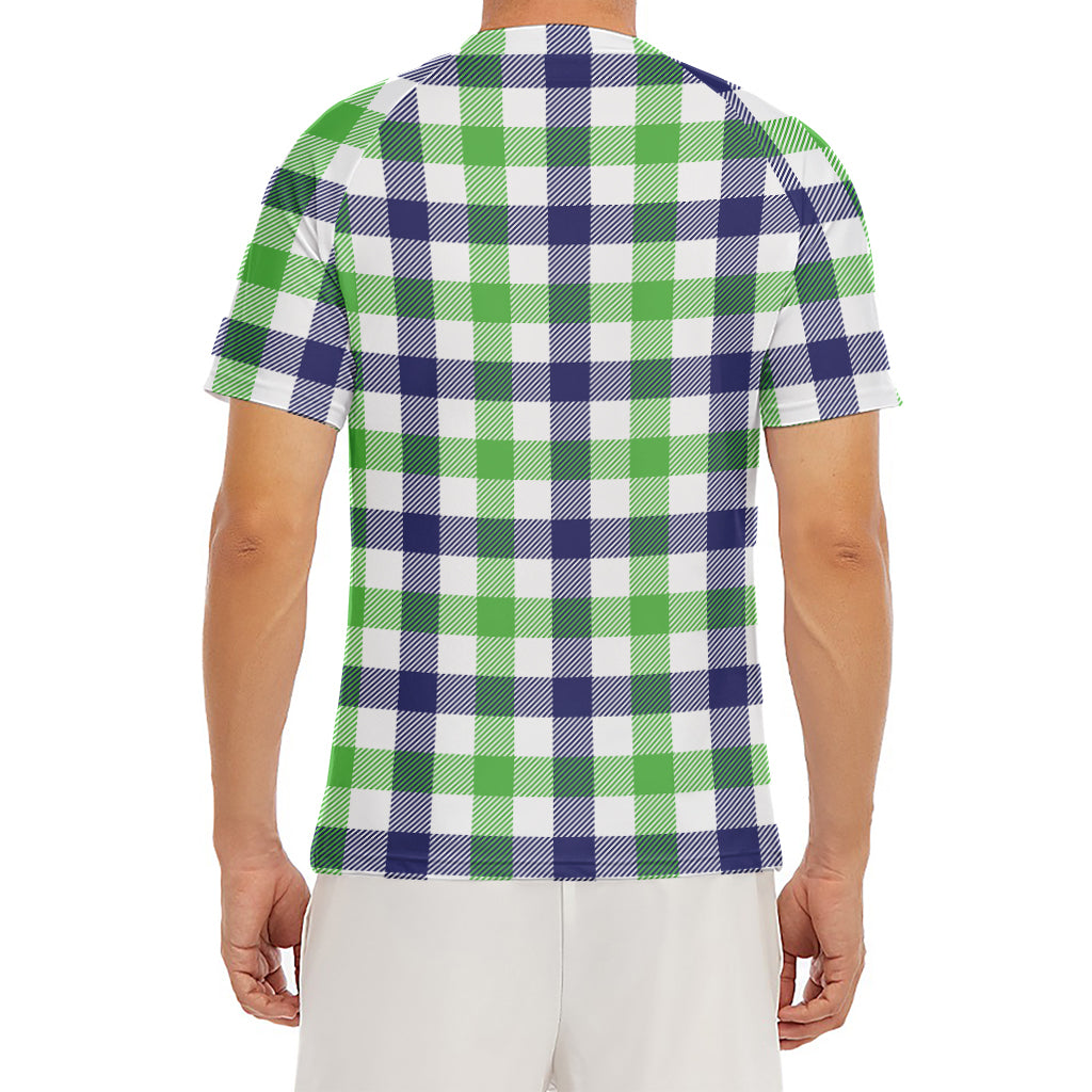 White Navy And Green Plaid Print Men's Short Sleeve Rash Guard