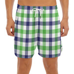 White Navy And Green Plaid Print Men's Split Running Shorts
