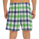 White Navy And Green Plaid Print Men's Split Running Shorts