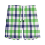 White Navy And Green Plaid Print Men's Sports Shorts