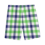 White Navy And Green Plaid Print Men's Sports Shorts