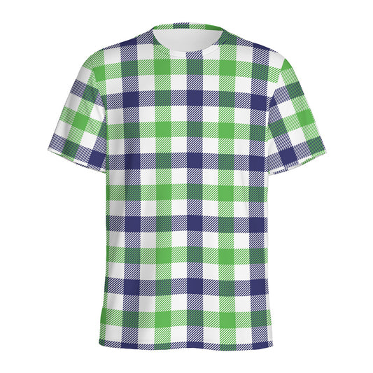 White Navy And Green Plaid Print Men's Sports T-Shirt