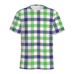 White Navy And Green Plaid Print Men's Sports T-Shirt