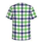 White Navy And Green Plaid Print Men's Sports T-Shirt