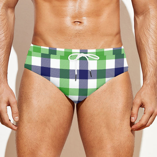 White Navy And Green Plaid Print Men's Swim Briefs