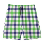 White Navy And Green Plaid Print Men's Swim Trunks