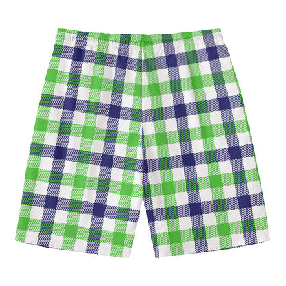 White Navy And Green Plaid Print Men's Swim Trunks