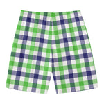 White Navy And Green Plaid Print Men's Swim Trunks