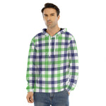 White Navy And Green Plaid Print Men's Velvet Pullover Hoodie