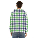 White Navy And Green Plaid Print Men's Velvet Pullover Hoodie