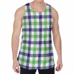 White Navy And Green Plaid Print Men's Velvet Tank Top