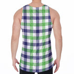 White Navy And Green Plaid Print Men's Velvet Tank Top