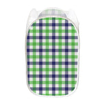 White Navy And Green Plaid Print Mesh Laundry Hamper