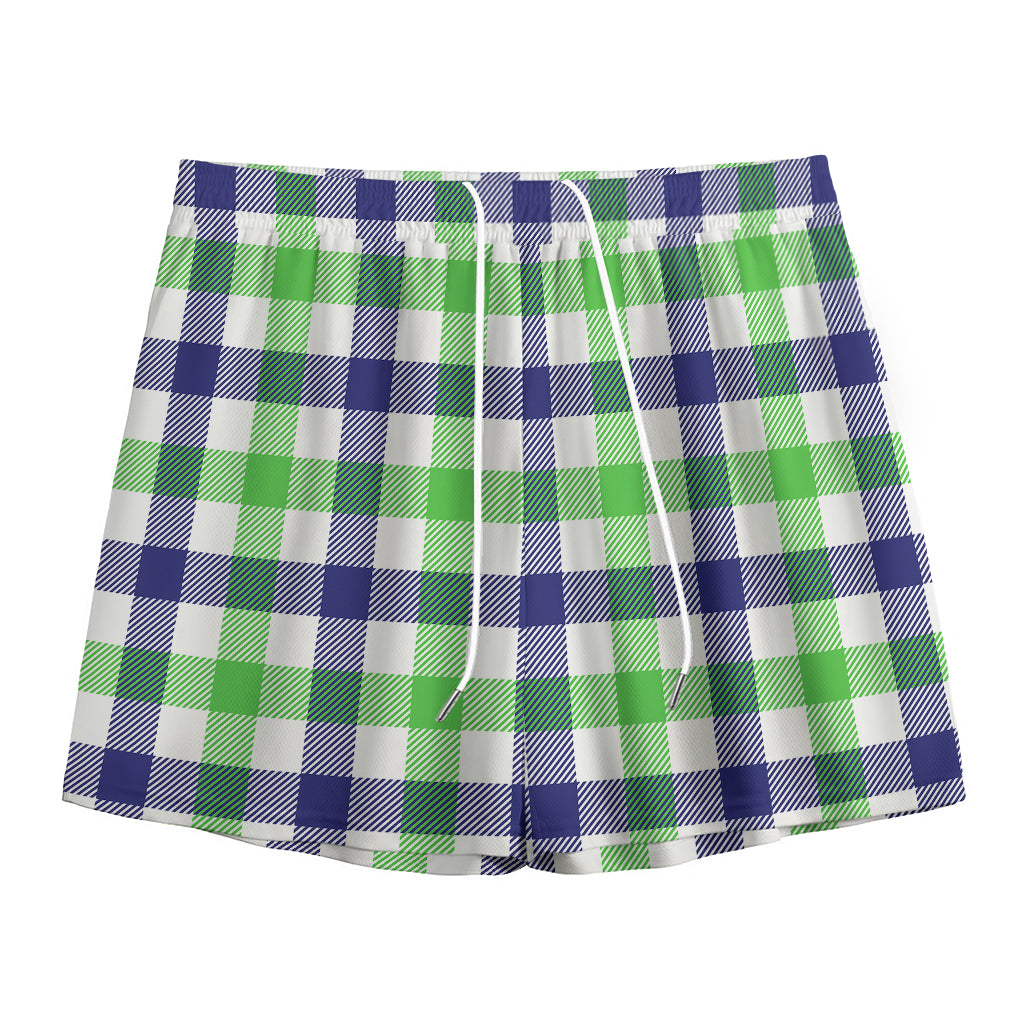 White Navy And Green Plaid Print Mesh Shorts