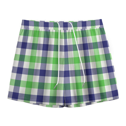 White Navy And Green Plaid Print Mesh Shorts
