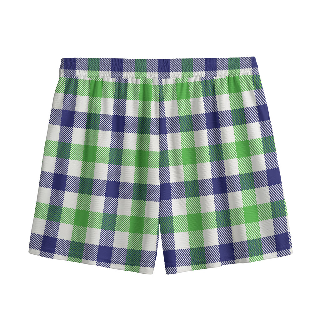 White Navy And Green Plaid Print Mesh Shorts