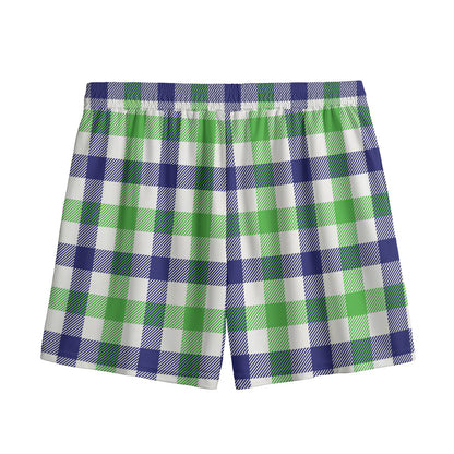 White Navy And Green Plaid Print Mesh Shorts