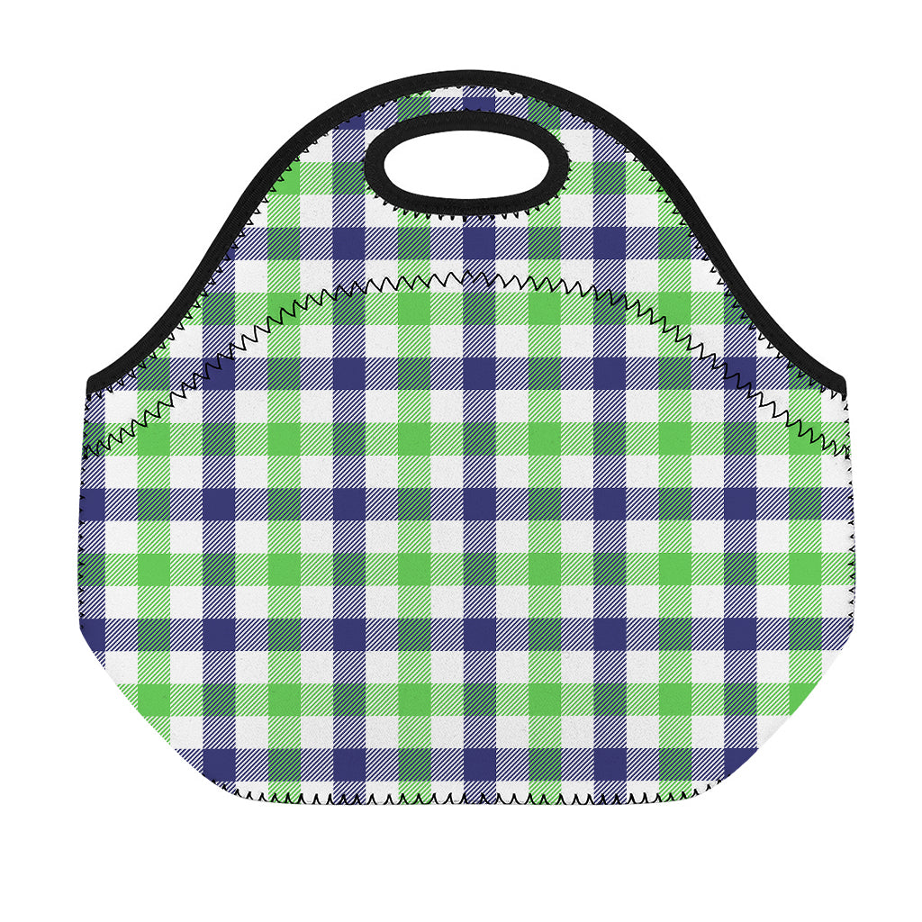 White Navy And Green Plaid Print Neoprene Lunch Bag