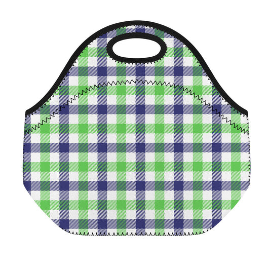 White Navy And Green Plaid Print Neoprene Lunch Bag