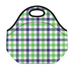 White Navy And Green Plaid Print Neoprene Lunch Bag