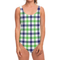 White Navy And Green Plaid Print One Piece Swimsuit