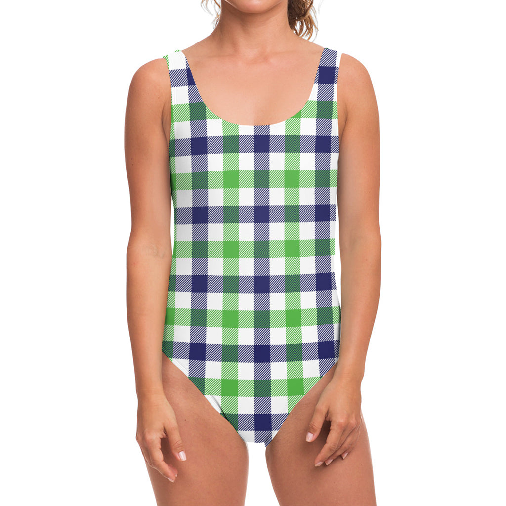 White Navy And Green Plaid Print One Piece Swimsuit