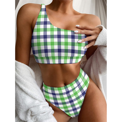 White Navy And Green Plaid Print One Shoulder Bikini Top