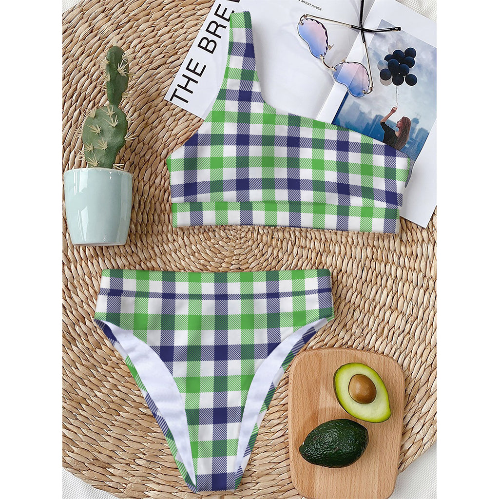 White Navy And Green Plaid Print One Shoulder Bikini Top