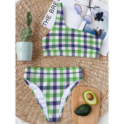 White Navy And Green Plaid Print One Shoulder Bikini Top