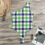 White Navy And Green Plaid Print One Shoulder Bodysuit