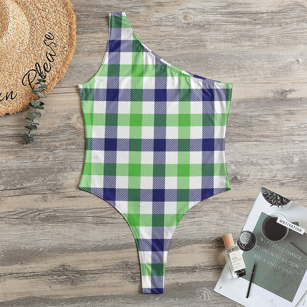 White Navy And Green Plaid Print One Shoulder Bodysuit