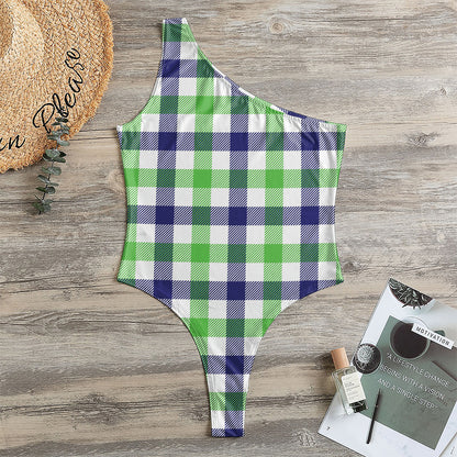 White Navy And Green Plaid Print One Shoulder Bodysuit