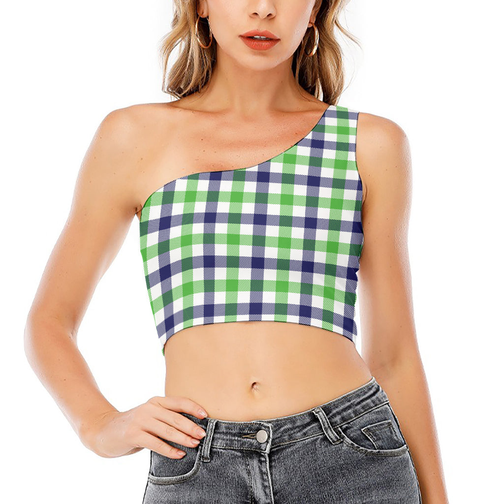 White Navy And Green Plaid Print One Shoulder Crop Top