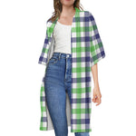 White Navy And Green Plaid Print Open Front Beach Cover Up