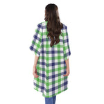 White Navy And Green Plaid Print Open Front Beach Cover Up