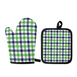 White Navy And Green Plaid Print Oven Mitt And Pot Holder Set