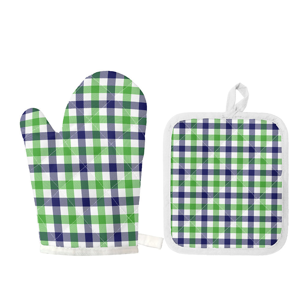 White Navy And Green Plaid Print Oven Mitt And Pot Holder Set