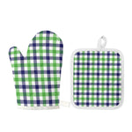 White Navy And Green Plaid Print Oven Mitt And Pot Holder Set
