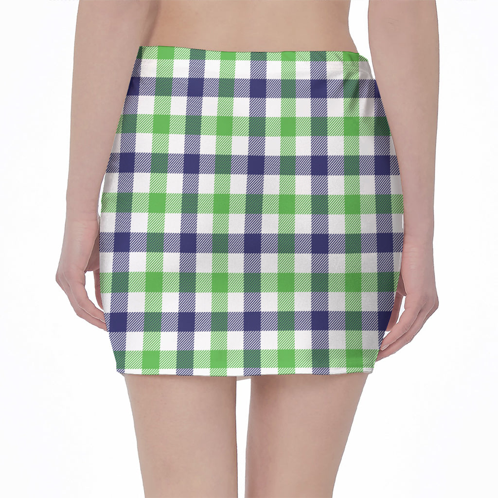 White Navy And Green Plaid Print Pencil Mini Skirt