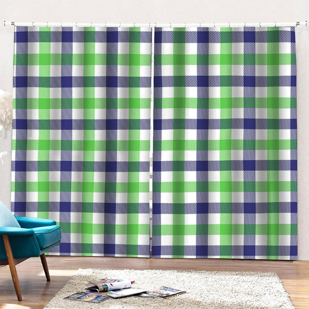 White Navy And Green Plaid Print Pencil Pleat Curtains