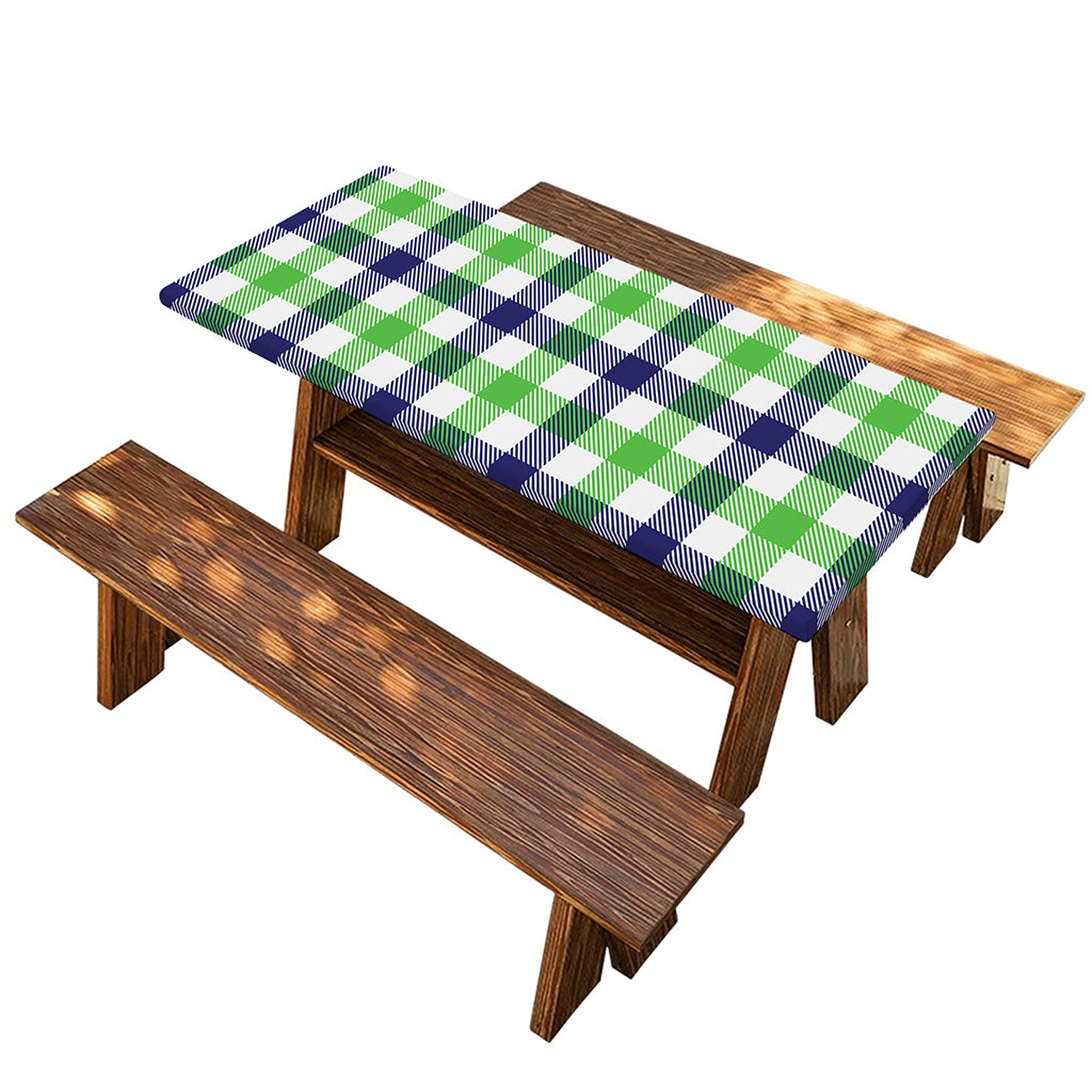 White Navy And Green Plaid Print Picnic Table Cover