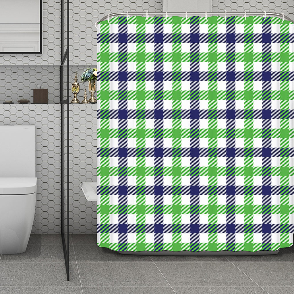 White Navy And Green Plaid Print Polyester Shower Curtain