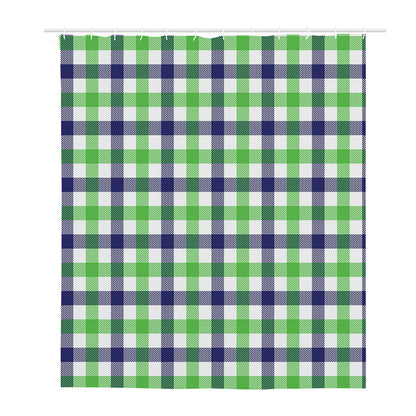 White Navy And Green Plaid Print Polyester Shower Curtain