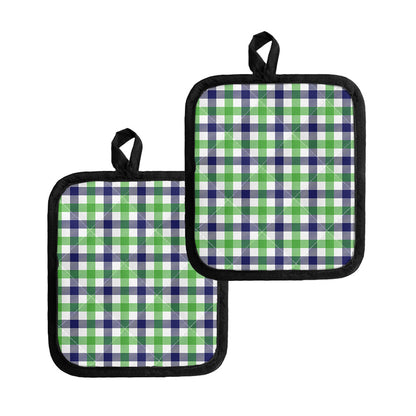 White Navy And Green Plaid Print Pot Holders