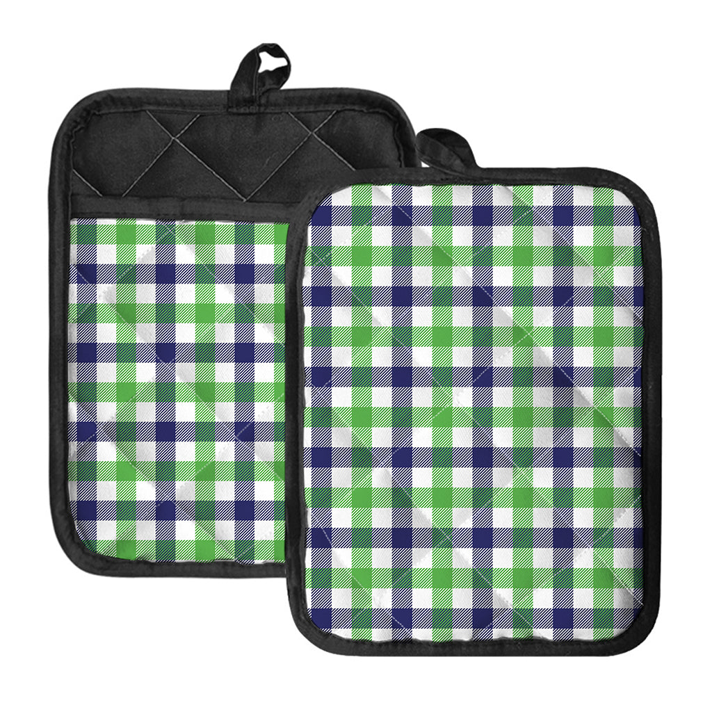 White Navy And Green Plaid Print Pot Holders With Pocket